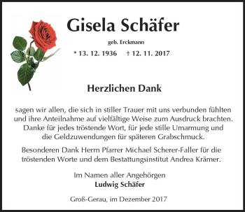 Traueranzeige von Gisela Schäfer von Trauerportal Echo Online