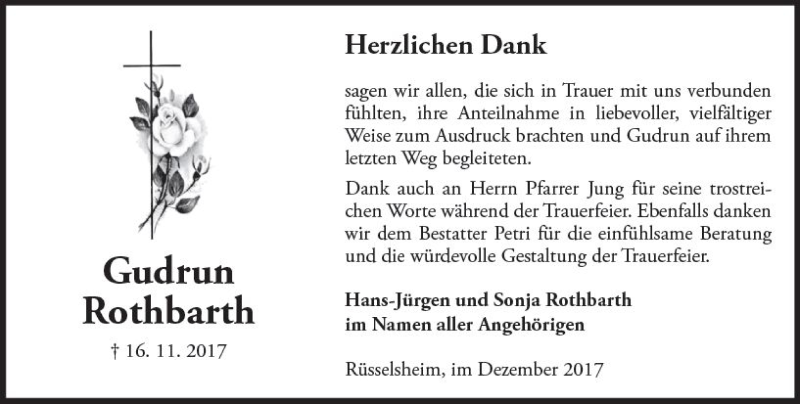  Traueranzeige für Gudrun Rothbarth vom 02.12.2017 aus Trauerportal Rhein Main Presse
