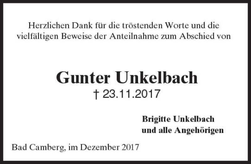  Traueranzeige für Gunter Unkelbach vom 21.12.2017 aus  Camberger Anzeiger