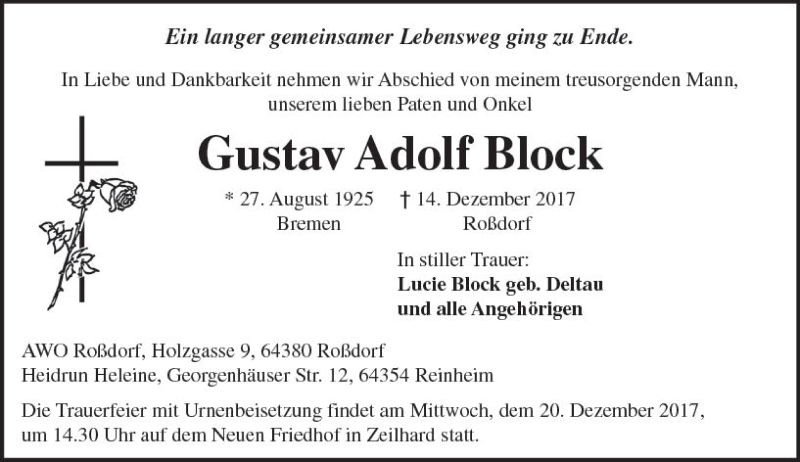  Traueranzeige für Gustav Adolf Block vom 16.12.2017 aus Trauerportal Echo Online
