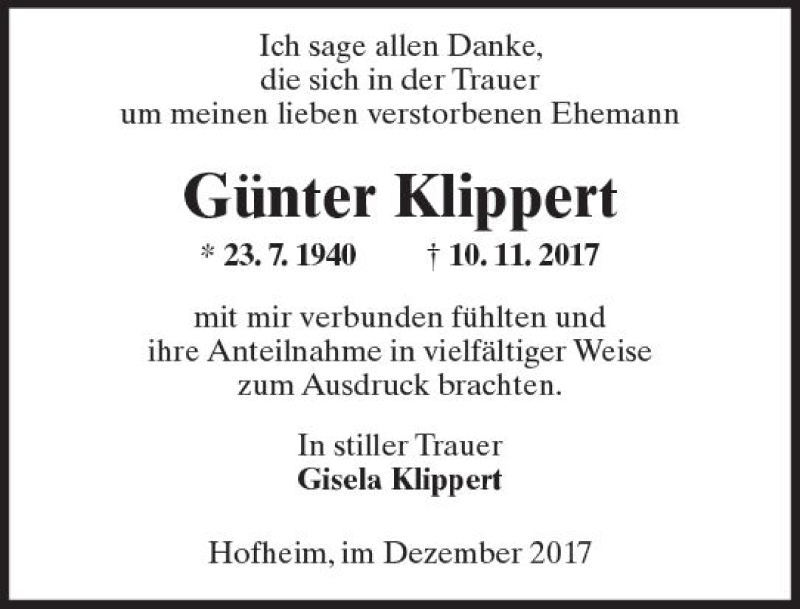 Traueranzeige für Günter Klippert vom 01.12.2017 aus Trauerportal Rhein Main Presse