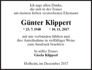 Traueranzeige von Günter Klippert von Trauerportal Rhein Main Presse
