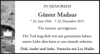 Traueranzeige von Günter Madaus von Trauerportal Echo Online