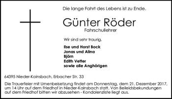 Traueranzeige von Günter Röder von Trauerportal Echo Online