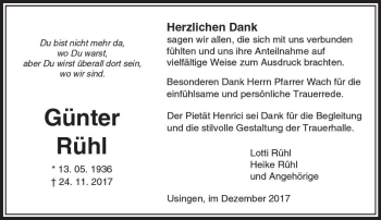 Traueranzeige von Günter Rühl von  Usinger Anzeiger