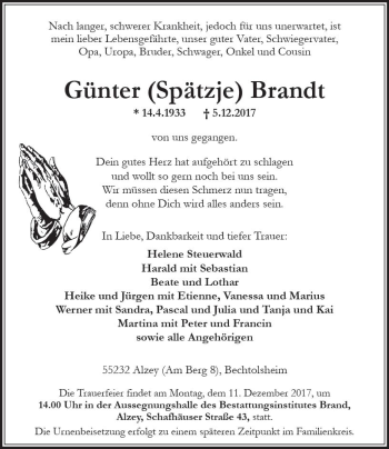 Traueranzeige von Günter Spätzje Brandt von Trauerportal Rhein Main Presse