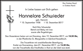 Traueranzeige von Hannelore Schwieder von  Usinger Anzeiger