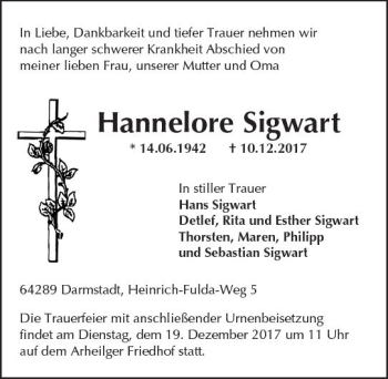 Traueranzeige von Hannelore Sigwart von Trauerportal Echo Online
