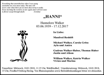 Traueranzeige von Hannelore Walker von Trauerportal Echo Online