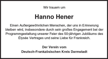 Traueranzeige von Hanno Hener von Trauerportal Echo Online