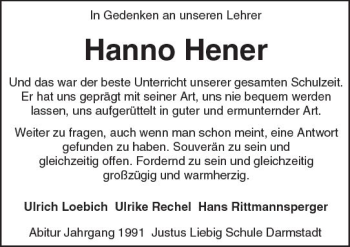 Traueranzeige von Hanno Hener von Trauerportal Echo Online