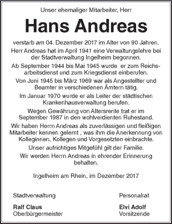 Traueranzeige von Hans Andreas von Trauerportal Rhein Main Presse