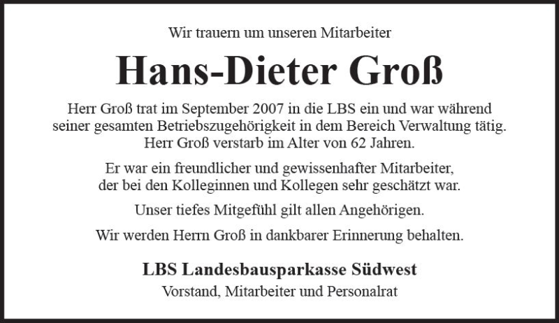  Traueranzeige für Hans-Dieter Groß vom 14.12.2017 aus Trauerportal Rhein Main Presse
