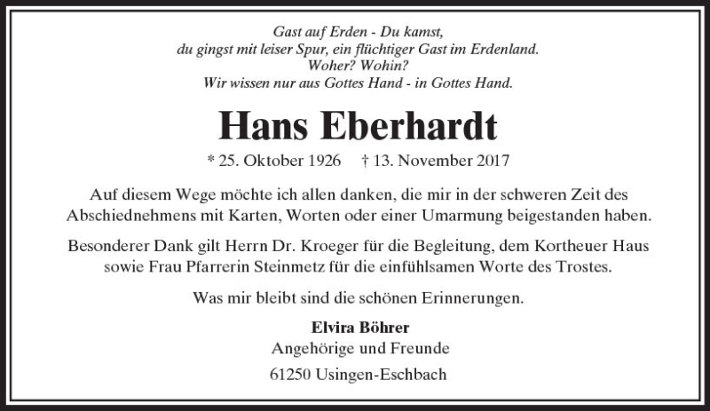  Traueranzeige für Hans Eberhard vom 02.12.2017 aus  Usinger Anzeiger