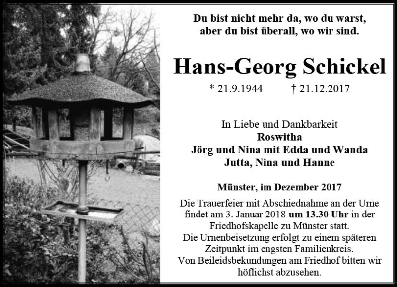  Traueranzeige für Hans-Georg Schickel vom 28.12.2017 aus  Camberger Anzeiger