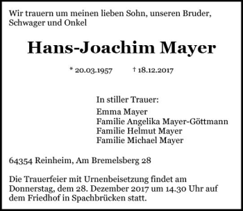 Traueranzeige von Hans-Joachim Mayer von Trauerportal Echo Online