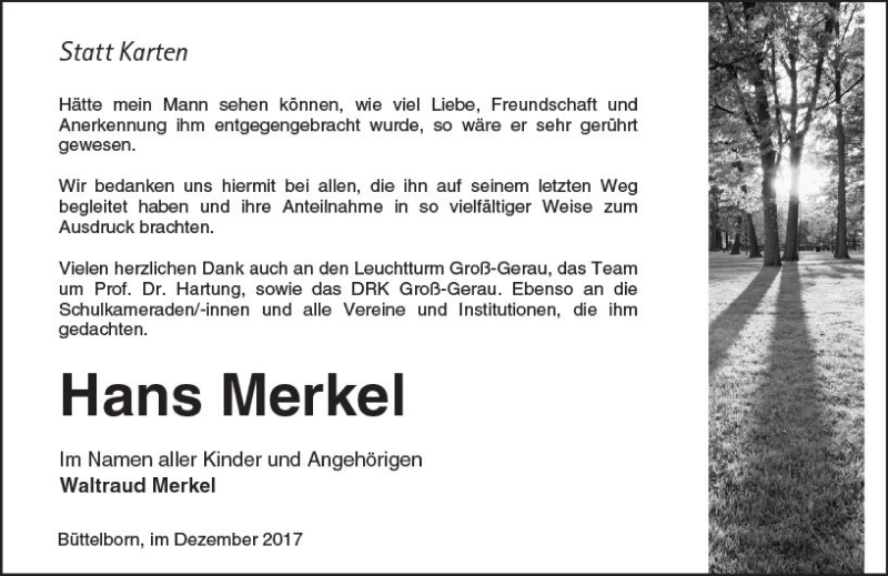  Traueranzeige für Hans Merkel vom 19.12.2017 aus Trauerportal Echo Online