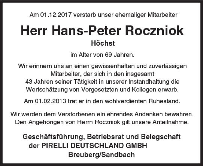  Traueranzeige für Hans-Peter Roczniok vom 20.12.2017 aus Trauerportal Echo Online