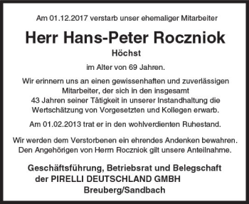 Traueranzeige von Hans-Peter Roczniok von Trauerportal Echo Online