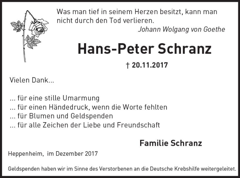  Traueranzeige für Hans-Peter Schranz vom 13.12.2017 aus Trauerportal Rhein Main Presse