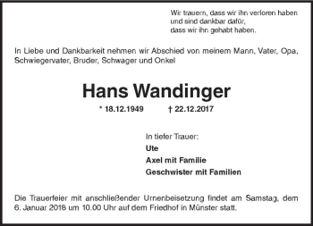Traueranzeige von Hans Wandinger von Trauerportal Echo Online