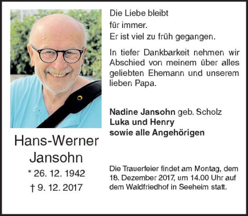  Traueranzeige für Hans-Werner Jansohn vom 13.12.2017 aus Trauerportal Echo Online