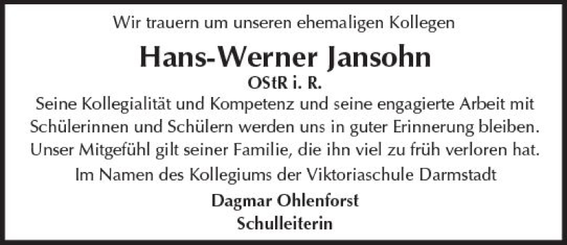  Traueranzeige für Hans-Werner Jansohn vom 16.12.2017 aus Trauerportal Echo Online