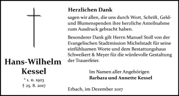 Traueranzeige von Hans-Wilhelm Kessel von Trauerportal Echo Online