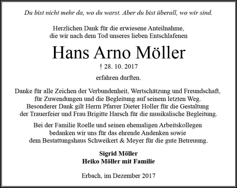  Traueranzeige für Hans Arno Möller vom 16.12.2017 aus Trauerportal Echo Online