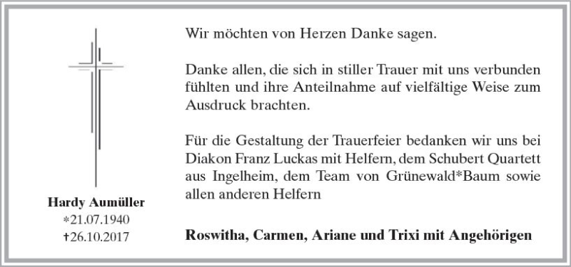  Traueranzeige für Hardy Aumüller vom 02.12.2017 aus Trauerportal Rhein Main Presse