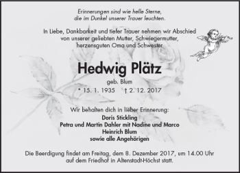 Traueranzeige von Hedwig Plätz von  Kreisanzeiger