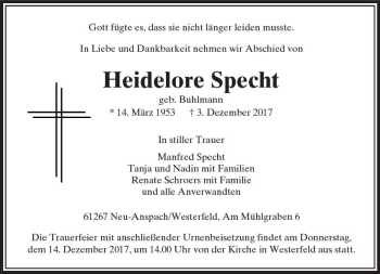 Traueranzeige von Heidelore Specht von  Usinger Anzeiger