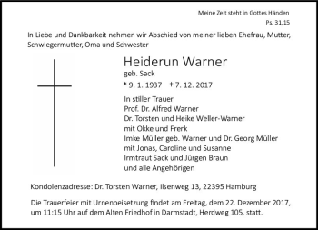 Traueranzeige von Heiderun Warner von Trauerportal Echo Online