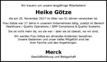 Traueranzeige von Heike Götze von Trauerportal Echo Online