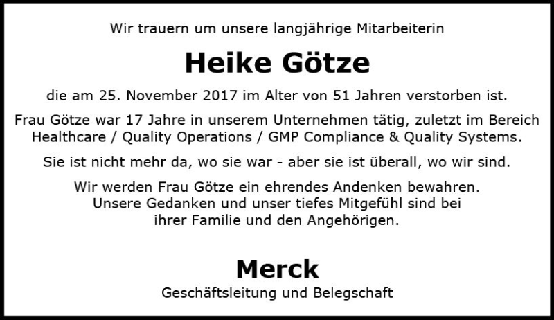  Traueranzeige für Heike Götze vom 07.12.2017 aus Trauerportal Echo Online