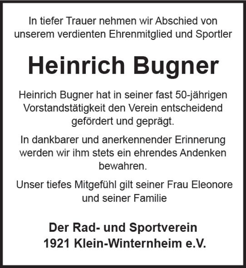  Traueranzeige für Heinrich Bugner vom 02.12.2017 aus Trauerportal Rhein Main Presse