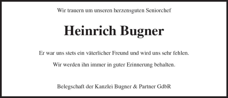  Traueranzeige für Heinrich Bugner vom 02.12.2017 aus Trauerportal Rhein Main Presse