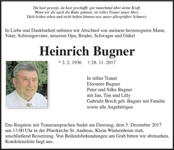 Traueranzeige von Heinrich Bugner von Trauerportal Rhein Main Presse