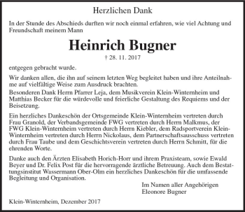 Traueranzeige von Heinrich Bugner von Trauerportal Rhein Main Presse