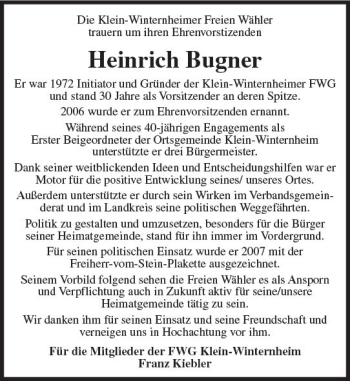 Traueranzeige von Heinrich Bugner von Trauerportal Rhein Main Presse