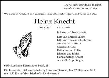 Traueranzeige von Heinrich Knecht von Trauerportal Echo Online