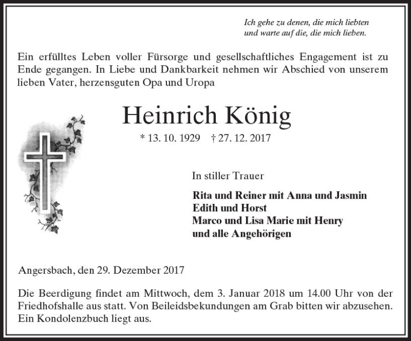  Traueranzeige für Heinrich König vom 29.12.2017 aus VRM Trauer