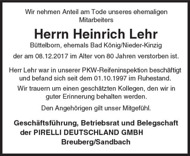  Traueranzeige für Heinrich Lehr vom 20.12.2017 aus Trauerportal Echo Online