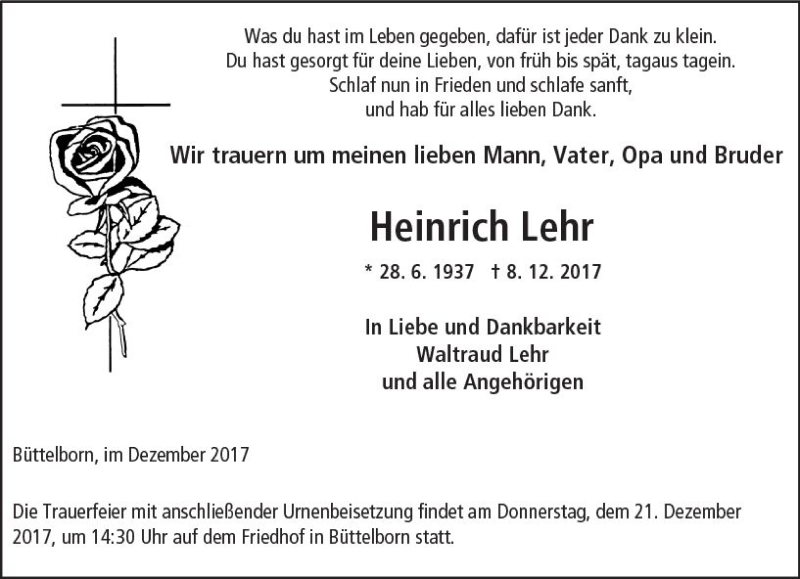  Traueranzeige für Heinrich Lehr vom 19.12.2017 aus Trauerportal Echo Online