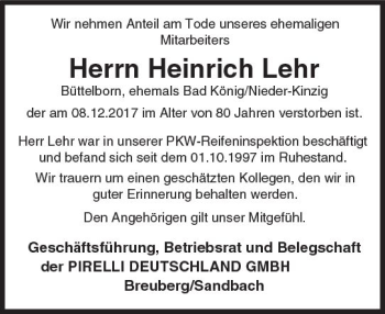 Traueranzeige von Heinrich Lehr von Trauerportal Echo Online
