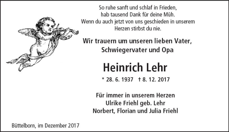 Traueranzeige für Heinrich Lehr vom 19.12.2017 aus Trauerportal Echo Online