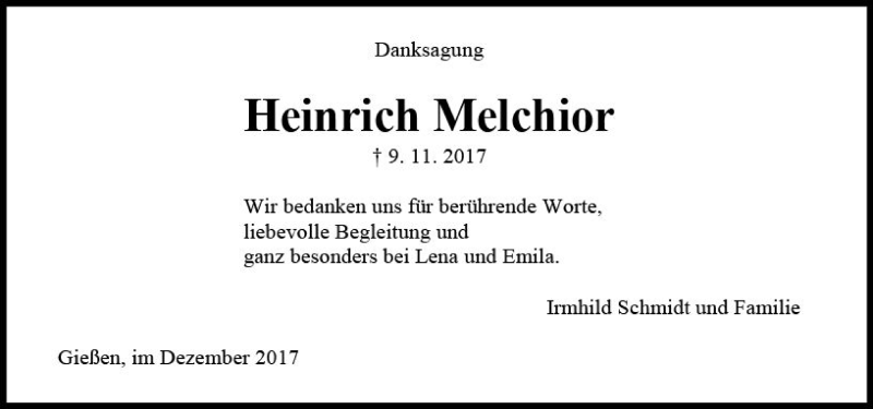  Traueranzeige für Heinrich Melchior vom 16.12.2017 aus  Gießener Anzeiger
