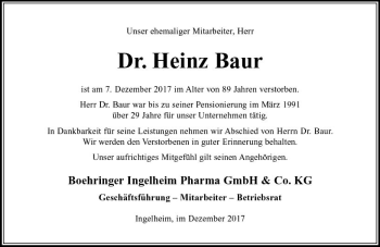 Traueranzeige von Heinz Baur von Trauerportal Rhein Main Presse