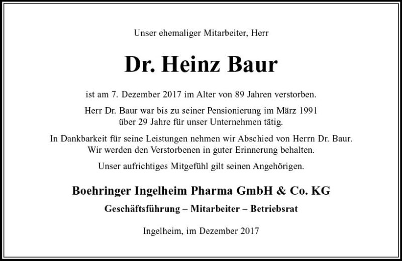  Traueranzeige für Heinz Baur vom 19.12.2017 aus Trauerportal Rhein Main Presse