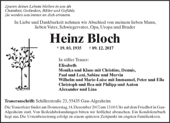 Traueranzeige von Heinz Bloch von Trauerportal Rhein Main Presse